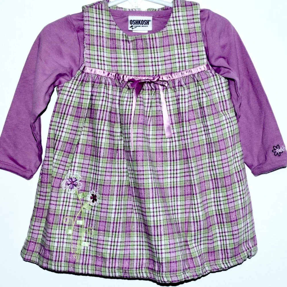 Oshkosh Purple and Lime Green Plaid 2 Piece Dress/Jumper - 18 Months